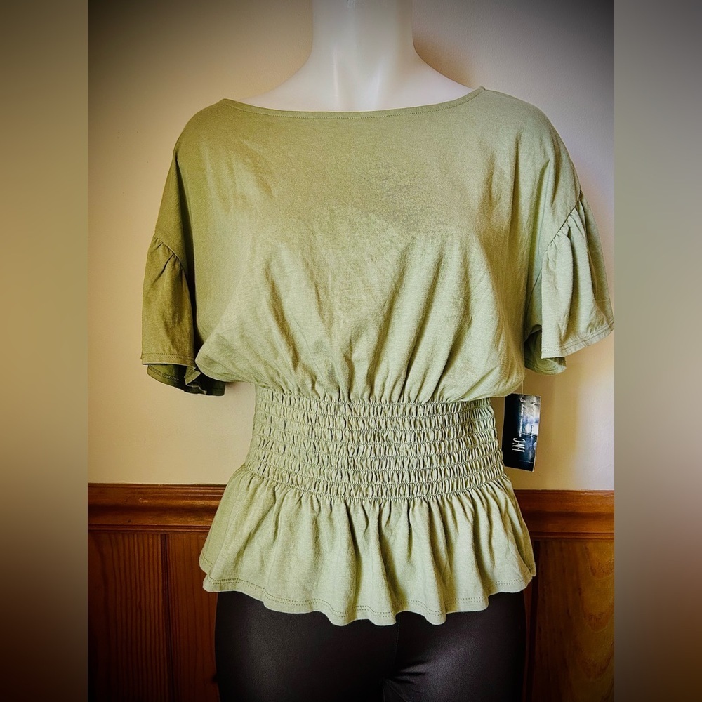 INC women’s sz large blouse, agave plant/moss green color, ruffle sleeves, NWT - Picture 2 of 5